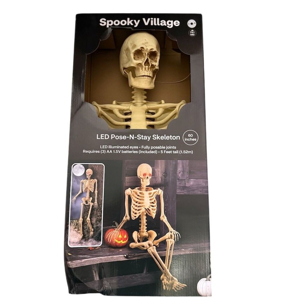 Spooky Village 5ft 60" LED Pose-N-Stay Skeleton Halloween Decor free standing